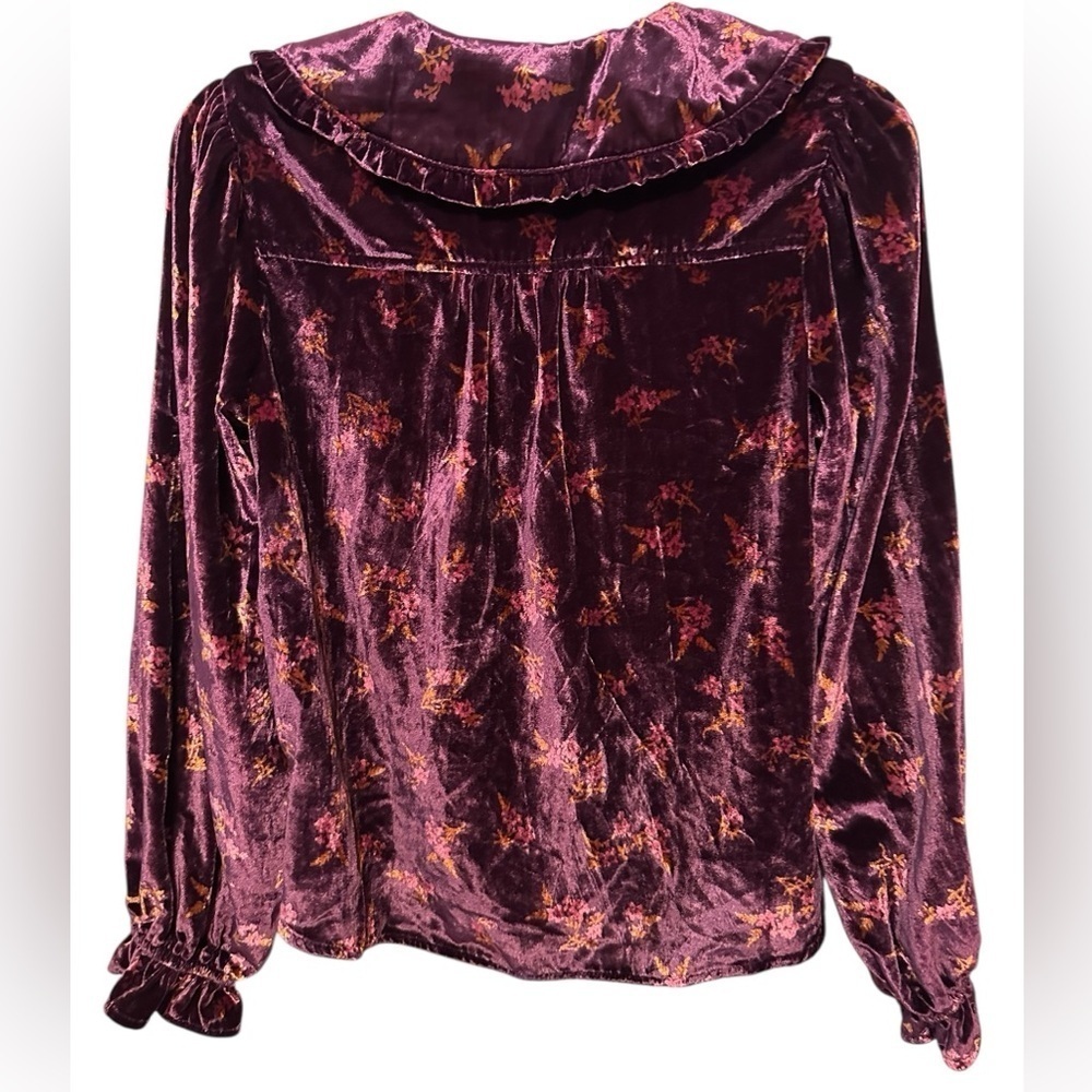Anthropologie Purple Floral Velvet Pilcro Collared Button-Up Top Blouse - Picture 6 of 10
